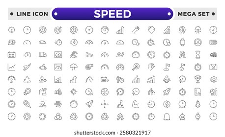 Speed icon set. Containing fast, slow, movement, productivity, indicator, turbo, speeding, gauge, express and speedometer icons. Outline icon collection.
