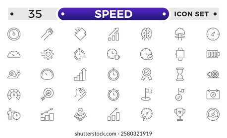 Speed icon set. Containing fast, slow, movement, productivity, indicator, turbo, speeding, gauge, express and speedometer icons. Outline icon collection.
