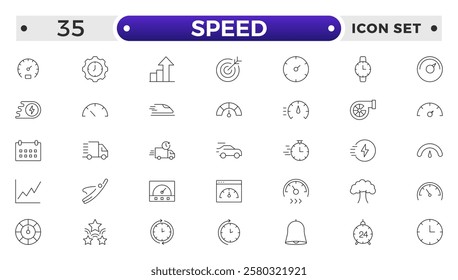 Speed icon set. Containing fast, slow, movement, productivity, indicator, turbo, speeding, gauge, express and speedometer icons. Outline icon collection.
