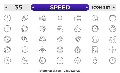 Speed icon set. Containing fast, slow, movement, productivity, indicator, turbo, speeding, gauge, express and speedometer icons. Outline icon collection.
