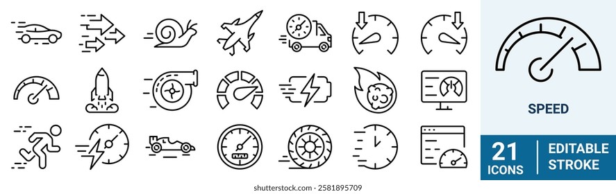 Speed icon set. Containing fast, slow, movement, productivity, indicator, turbo, speeding, gauge, express and speedometer icons. Vector illustration.