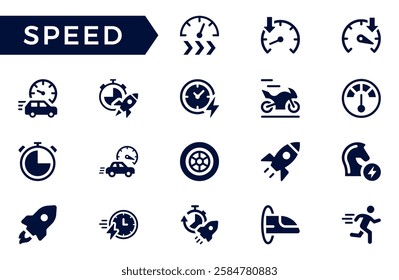 Speed icon set. Containing fast, slow, movement, productivity, indicator, turbo, speeding, gauge, express and speedometer icons. Solid icon collection. Vector illustration.