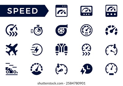 Speed icon set. Containing fast, slow, movement, productivity, indicator, turbo, speeding, gauge, express and speedometer icons. Solid icon collection. Vector illustration.