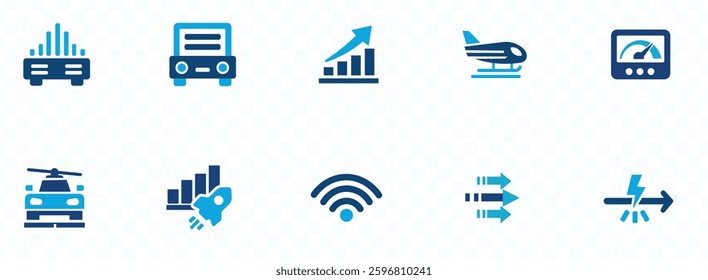 Speed icon set. Containing fast, slow, movement, productivity, indicator, turbo, speeding, gauge, express and speedometer icons. Solid icon collection