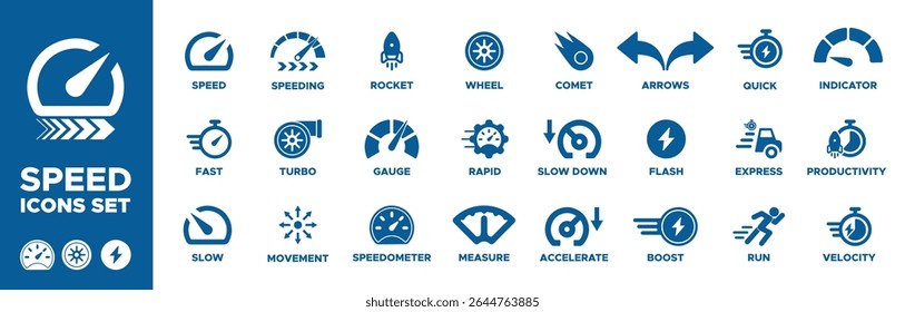 Speed icon set. Containing fast, slow, movement, productivity, indicator, turbo, speeding, gauge, express and speedometer icons. Solid icon collection. Vector illustration.