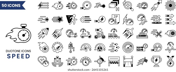 Speed icon set in duotone style. Containing fast, slow, movement, indicator, turbo, speeding, express, speedometer and more. Vector illustration