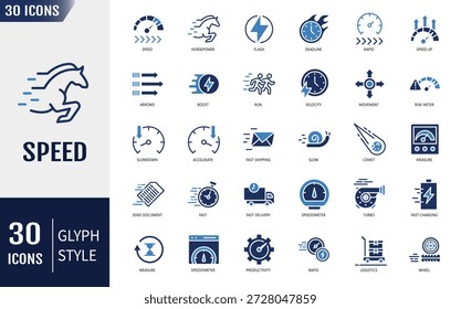 Speed icon set. fast, slow, movement, productivity, indicator, turbo, speeding, gauge, express and speedometer. Vector illustration
