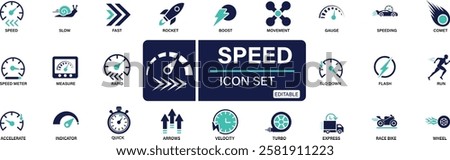 Speed icon set. fast, slow, movement, productivity, indicator, turbo, speeding, gauge, express You can easily change the color
