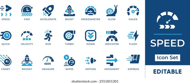 Conjunto de iconos de velocidad. Cuenta con iconos editables para símbolos de velocidad, velocidad, velocidad, lentitud, aceleración y más. Perfecto para el transporte, la tecnología y los diseños deportivos.