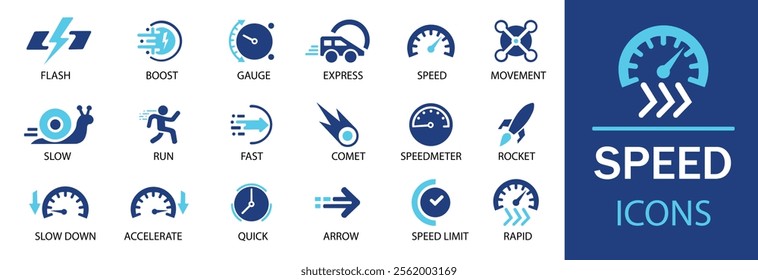 Speed icon set. Featuring detailed illustrations of fast, slow, movement, productivity, indicator, turbo, speeding, gauge, express and speedometer icons. Cohesive set of scalable vector icons.
