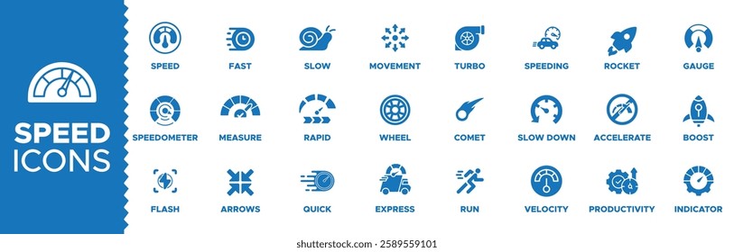 Speed icon set. Speed icons pack, Containing fast, slow, movement, productivity, indicator, turbo, speeding, gauge, express and speedometer icons. Solid icon collection. Vector illustration.