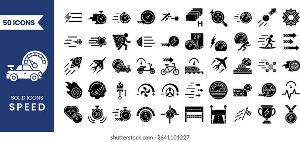 Speed icon set in solid style. Containing fast, slow, movement, indicator, turbo, speeding, express, speedometer and more. Vector illustration