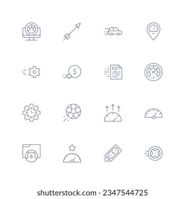 Speed icon set. Thin line icon. Editable stroke. Containing performance, arrow, car, speedometer, settings, coin, file, speed, football, high performance, speed test, high speed, money, tyre.