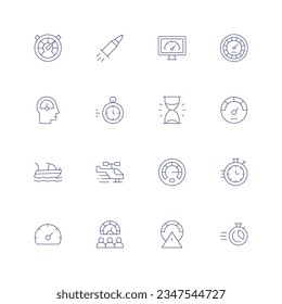 Juego de iconos de velocidad. Icono de línea delgada. Trazo editable. Con productividad, bala, rendimiento, velocímetro, velocidad, tiempo rápido, reloj de arena, barco de velocidad, helicóptero, cronómetro, metro, límite de velocidad, tiempo.