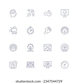 Juego de iconos de velocidad. Icono de línea delgada. Trazo editable. Con rendimiento, boomerang, cronómetro, velocímetro, carrito de la compra, eficiencia, puño, velocidad, medidor, alta velocidad, prueba de velocidad, portátil, optimización