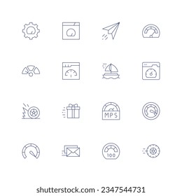Speed icon set. Thin line icon. Editable stroke. Containing process, browser, paper plane, speedometer, slow, fast, sail boat, speed, gift box, mail, speed limit, wheel.
