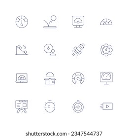 Juego de iconos de velocidad. Icono de línea delgada. Trazo editable. Conteniendo rendimiento, rebote, optimización, velocímetro, pendiente, eficiencia, cohete, velocidad, límite, citas rápidas, video.