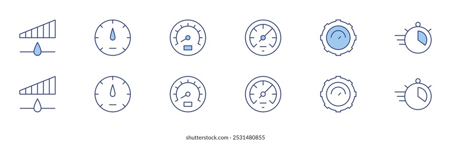 Ícone de velocidade definido em dois estilos, Duotônico e Linha fina. Curso editável. velocímetro, tempo.