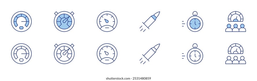 Icono de velocidad establecido en dos estilos, Duotone y estilo de línea fina. Velocidad, productividad, velocímetro, bala, tiempo rápido, metro.