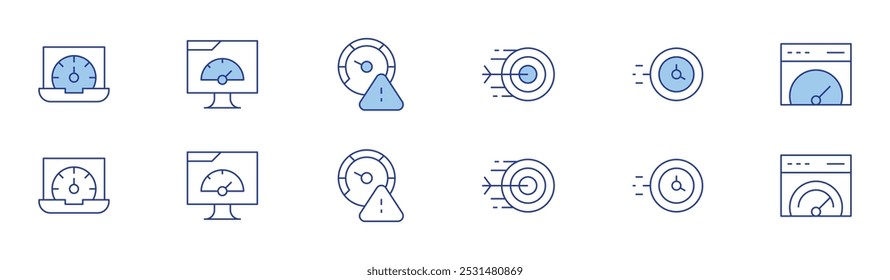 Speed icon set in two styles, Duotone and Thin Line style. Editable stroke. performance, speed, speed limit, arrow, clock, high speed.