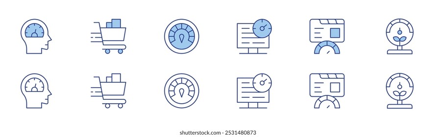 Speed icon set in two styles, Duotone and Thin Line style. Editable stroke. performance, shopping cart, speed, speed test, gauge.