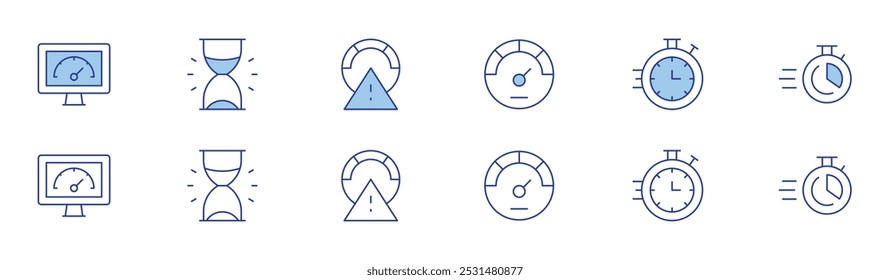 Speed icon set in two styles, Duotone and Thin Line style. Editable stroke. performance, sand clock, speed limit, speedometer, stopwatch, time.
