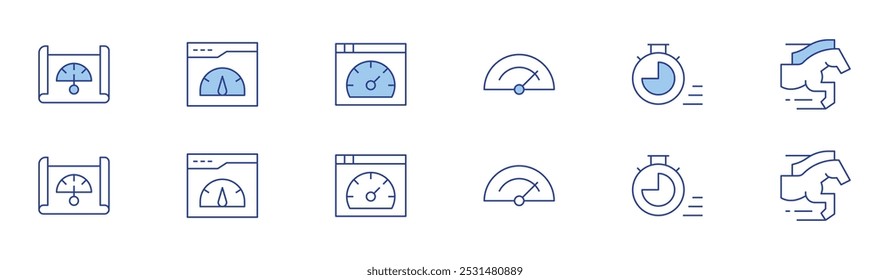 Speed icon set in two styles, Duotone and Thin Line style. Editable stroke. benchmarking, countdown, horse, performance, speed, speed test.