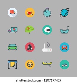 speed icon set. vector set about cargo truck, steering wheel, side view and boat icons set.