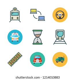 speed icon set. vector set about train, networking, car and hourglass icons set.