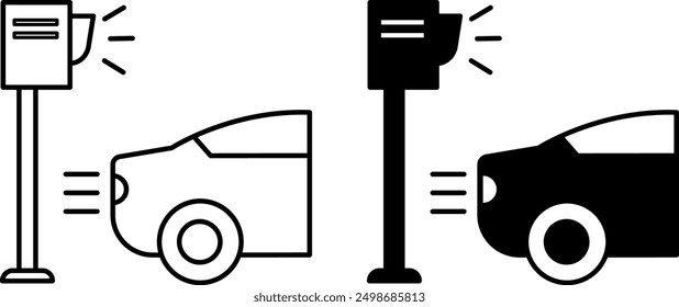 Speed ​​Camera Icons. Black and White Vector Icons. Speed ​​Camera On and Fast Moving Car. Road Safety Camera. Road Concept