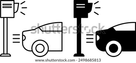 Speed ​​Camera Icons. Black and White Vector Icons. Speed ​​Camera On and Fast Moving Car. Road Safety Camera. Road Concept