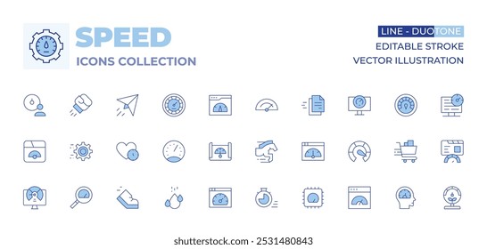 Speed icons collection. Line Duotone style, editable stroke. speedometer, efficiency, paper plane, speed dating, boxing, gear, speed, benchmarking, horse, performance.