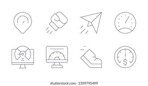 Iconos de velocidad. trazo editable. Conteniendo plano de papel, corriendo, marcador de posición, velocidad lenta, velocímetro, boxeo, estimación.