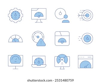 Speed icons. Line Duotone style, editable stroke. performance, speed, speed limit, arrow, clock, high speed, efficiency, slow.