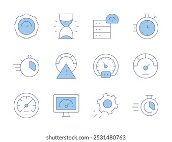 Speed icons. Line Duotone style, editable stroke. server, settings, speed, speedometer, time, performance, sand clock, speed limit, stopwatch.