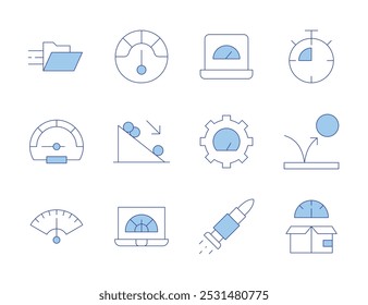 Ícones de velocidade. Estilo Duotônico de linha, curso editável. bullet, alta velocidade, processo, pasta, gás, velocímetro, desempenho, declive, velocidade, salto, limite.