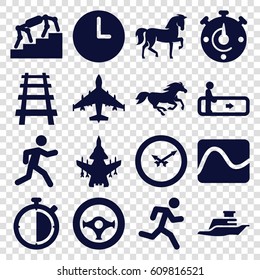 Speed icons set. set of 16 speed filled icons such as horse, escalator, running, railway, ship, steering wheel, wall clock, stopwatch, plane, stairs, electricity