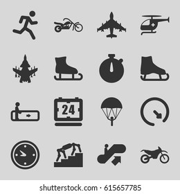 Speed icons set. set of 16 speed filled icons such as escalator, escalator up, medical helicopter, clock, motorbike, motorcycle, wall clock, plane, stairs, parachute