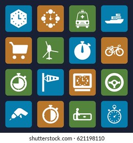 Speed icons set. set of 16 speed filled icons such as escalator, wind cone, drill, bicycle, ambulance, steering wheel, stopwatch, boat, wall clock, clock, helicopter