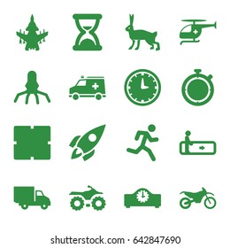 Speed icons set. set of 16 speed filled icons such as rabbit, escalator, clock, delivery car, ambulance, medical helicopter, motorbike, rocket, wall clock, hourglass