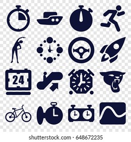 Speed icons set. set of 16 speed filled icons such as panther, escalator up, boat, exercising, running, steering wheel, bicycle, rocket, wall clock, clock, stopwatch
