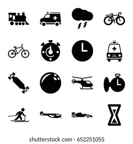 Speed icons set. set of 16 speed filled icons such as helicopter, bicycle, locomotive, ambulance, thunderstorm, skiing, skate board, sport car, wall clock, hourglass