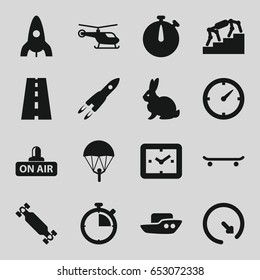 Speed icons set. set of 16 speed filled icons such as rabbit, helicopter, boat, rocket, road, open air, clock, skate board, wall clock, stopwatch, stairs, parachute