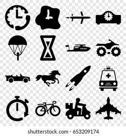 Speed icons set. set of 16 speed filled icons such as horse, boat, bicycle, ambulance, cabriolet, wall clock, hourglass, clock, stopwatch, plane, rocket, parachute, motorcycle