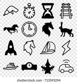 Speed icons set. set of 16 speed filled and outline icons such as horse, rabbit, rocket, hourglass, clock, plane, drill, railway, ship, flash, car, wall clock, stopwatch