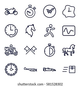 speed icons set. Set of 16 speed outline icons such as helicopter, horse, running, stopwatch, wall clock, motorbike, sport car, delivery bike, express delivery, crossed flags