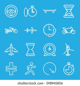 speed icons set. Set of 16 speed outline icons such as road, clock, running, motorcycle, wall clock, hourglass, stopwatch, plane, helicopter, steering wheel, motorbike
