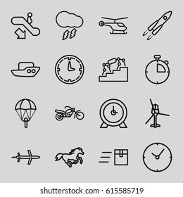 Speed icons set. set of 16 speed outline icons such as escalator down, helicopter, horse, boat, clock, thunderstorm, motorcycle, wall clock, stopwatch, plane, express delivery