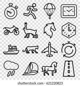 Speed icons set. set of 16 speed outline icons such as panther, horse, rabbit, road, stopwatch, thunderstorm, boat, wall clock, plane, motorbike, clock, running man, parachute