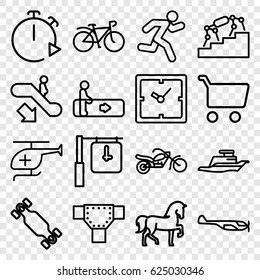Speed icons set. set of 16 speed outline icons such as escalator, escalator down, helicopter, horse, road, clock, bicycle, medical helicopter, ship, running, motorcycle